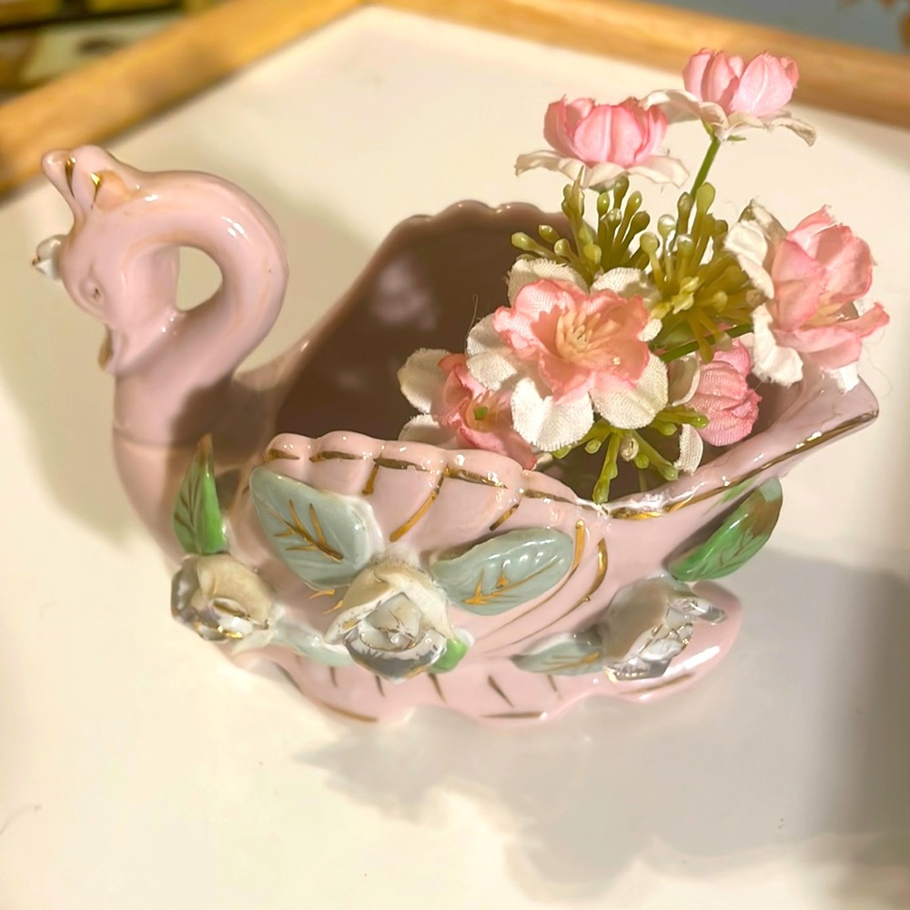 Antique beautiful pink swan small vase. Raised flowers trimmed in gold.
